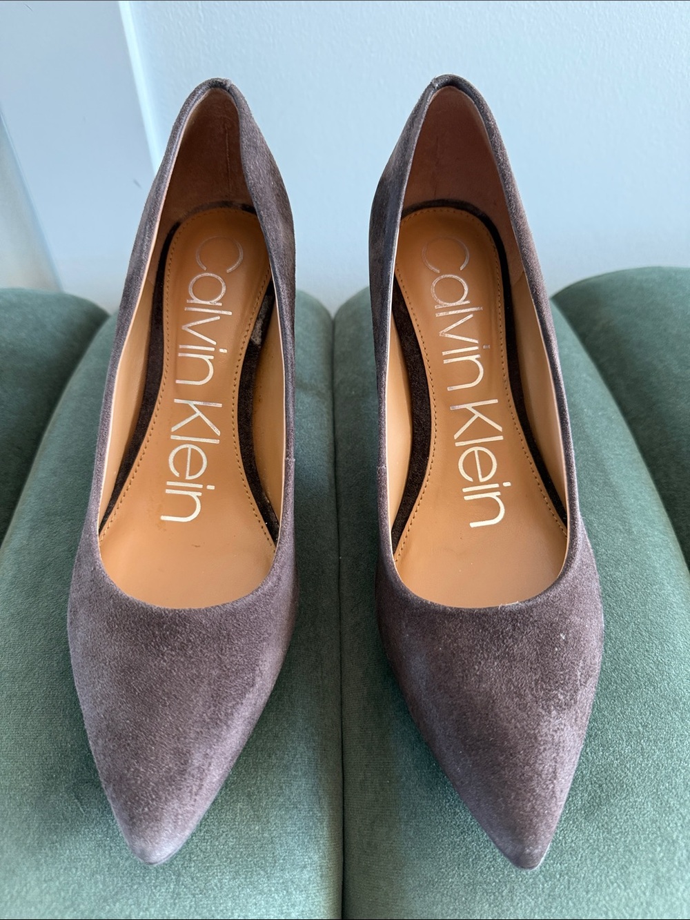 Calvin Klein Pointed Toe Suede Pumps in Brown